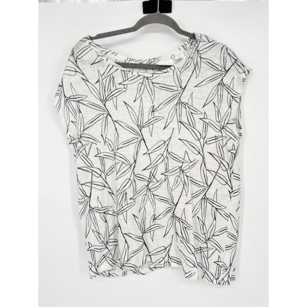 Cynthia Rowley White Black‎ Leaf Print Linen Top Button Back Beachy Tropical XL
